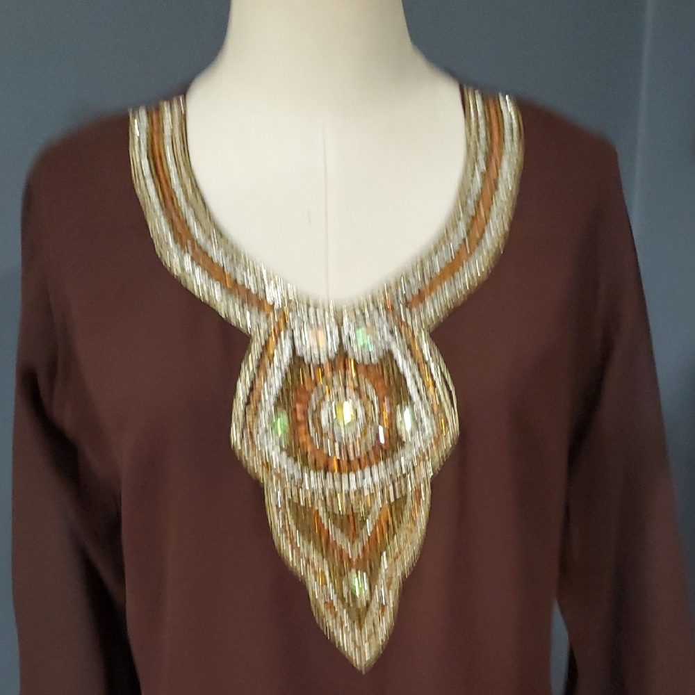 Brown Indian  Embellished V-Neck Tunic with Gold Beading Top - Picture 7 of 17